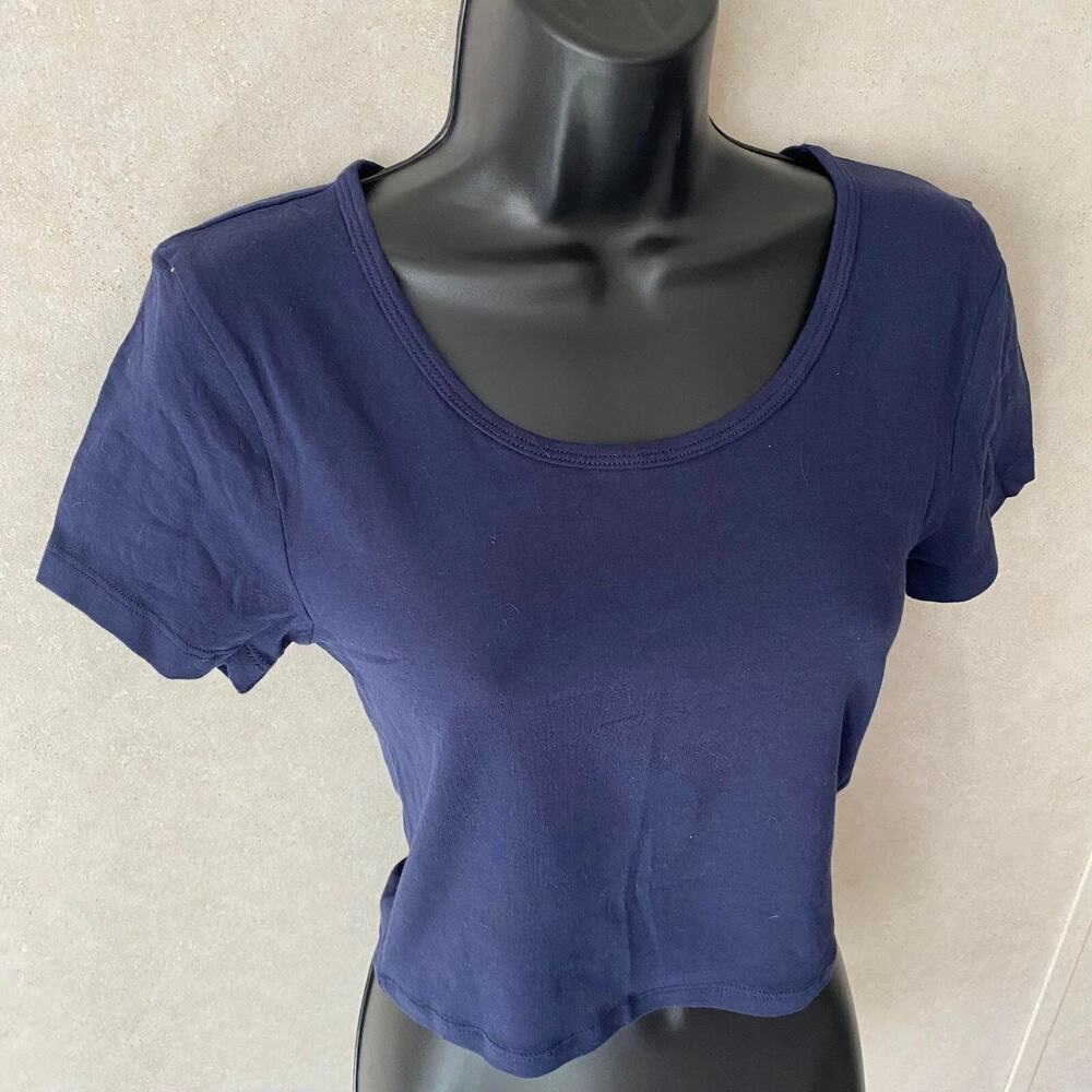2 Zenana Outfitters‎ Scoop Neck Cropped Cotton Top Short Sleeve Blue & Brn Large - Picture 5 of 6